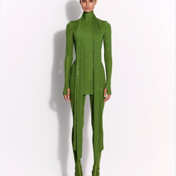 Alex Perry Fern Green Crystal Embellished Long-Sleeve Scarf-Neck Mini Dress - Picture 4 of 9